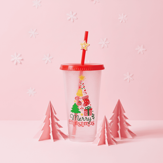 Vaso Navideño 700ml Transparente Brillos Popote Mágico