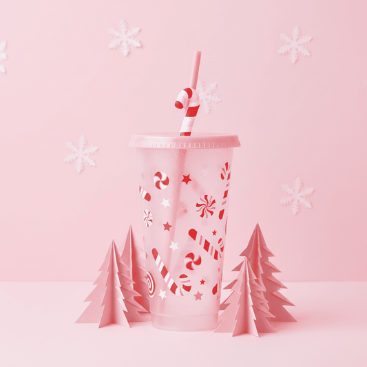 Vaso Navideño 700ml Transparente Bastones Dulces Popote