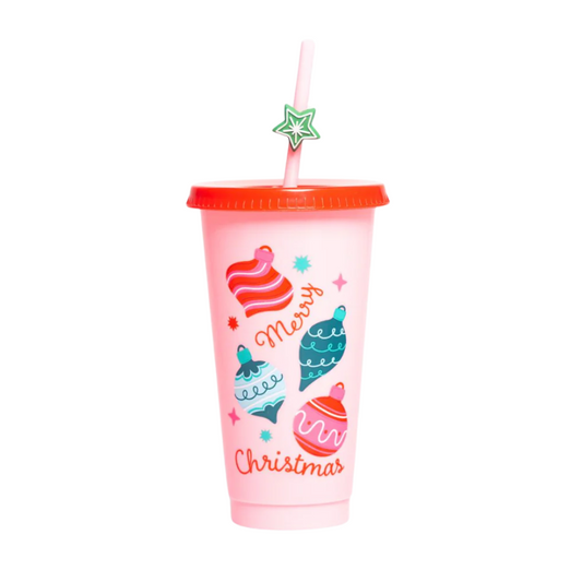 Vaso Navideño Rosa 700ml Merry Christmas Esferas