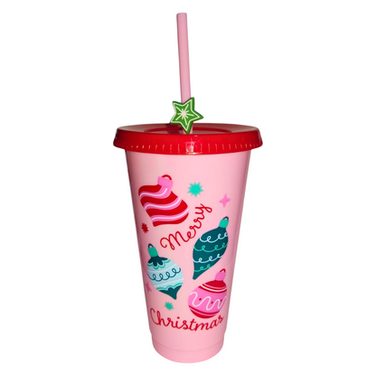 Vaso Navideño Rosa 700ml Merry Christmas Esferas