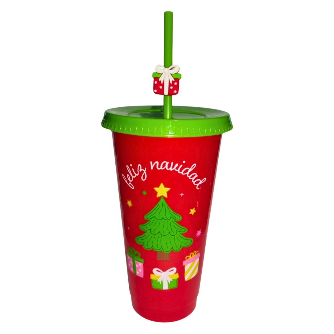 Vaso Navidad 700ml Árbol Regalos Festivo Popote