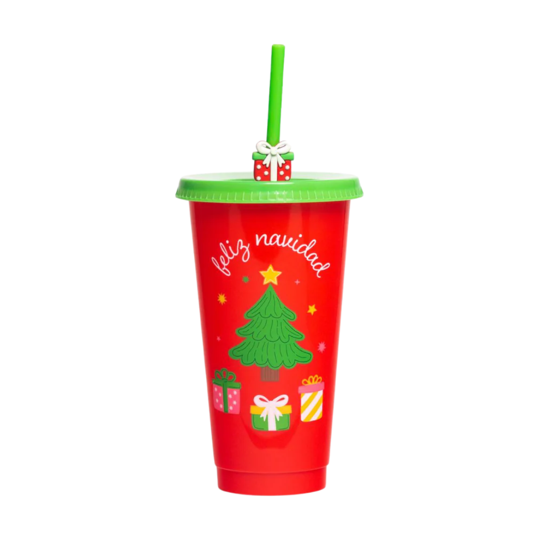 Vaso Navidad 700ml Árbol Regalos Festivo Popote