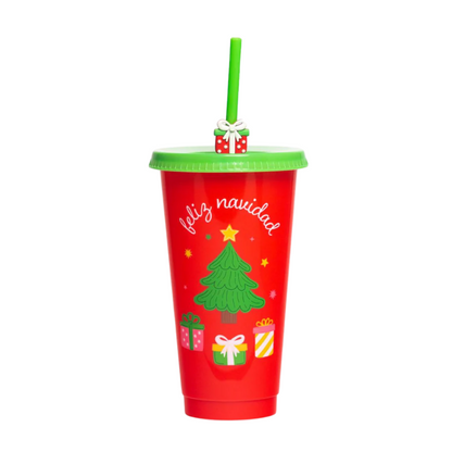 Vaso Navidad 700ml Árbol Regalos Festivo Popote