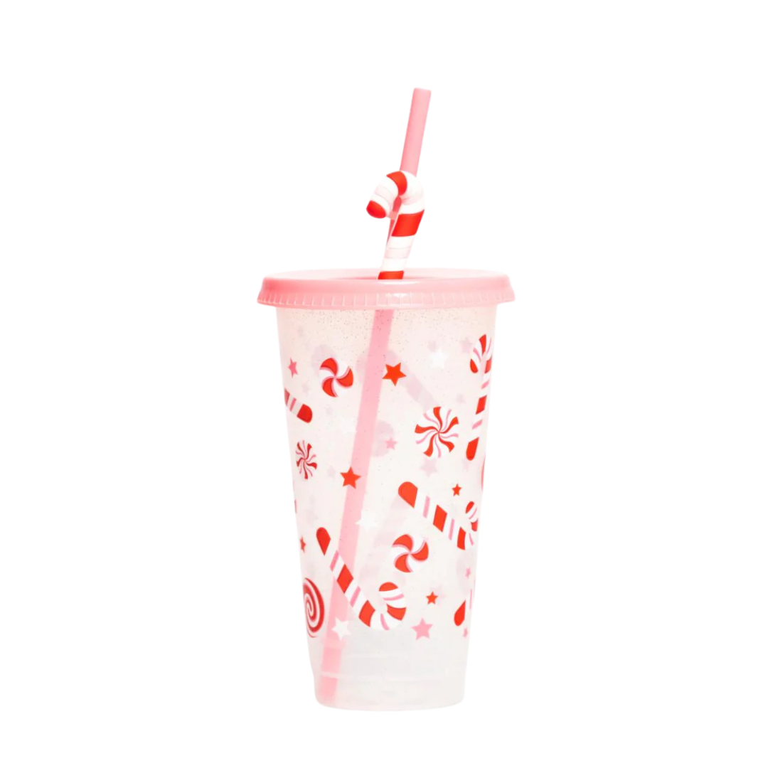Vaso Navideño 700ml Transparente Bastones Dulces Popote