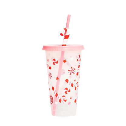 Vaso Navideño 700ml Transparente Bastones Dulces Popote
