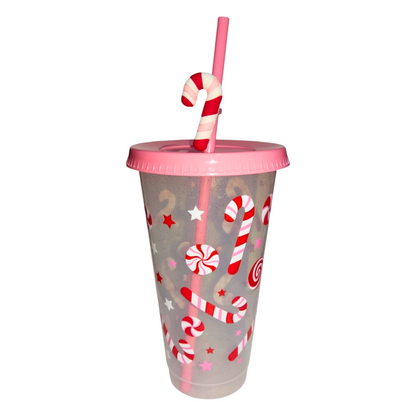 Vaso Navideño 700ml Transparente Bastones Dulces Popote