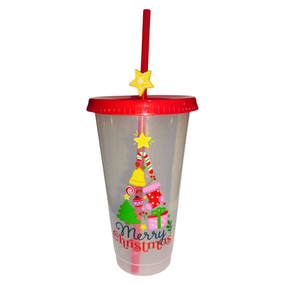 Vaso Navideño 700ml Transparente Brillos Popote Mágico