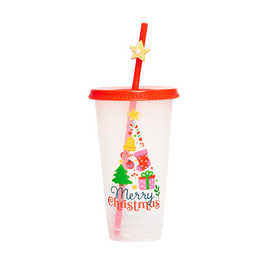 Vaso Navideño 700ml Transparente Brillos Popote Mágico