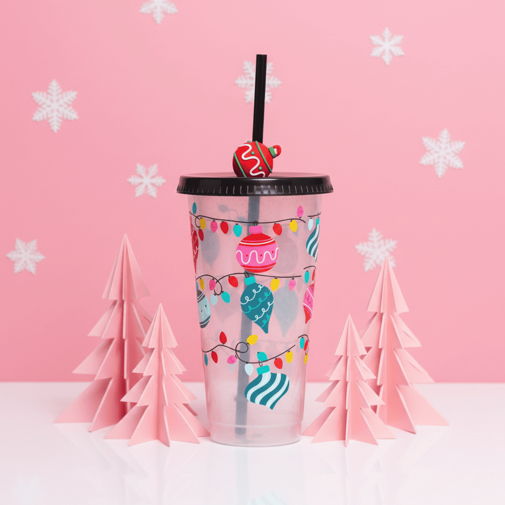 Vaso Navideño 700ml Transparente Esferas Luces