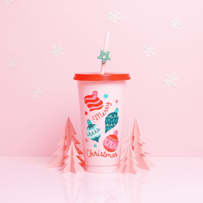 Vaso Navideño Rosa 700ml Merry Christmas Esferas