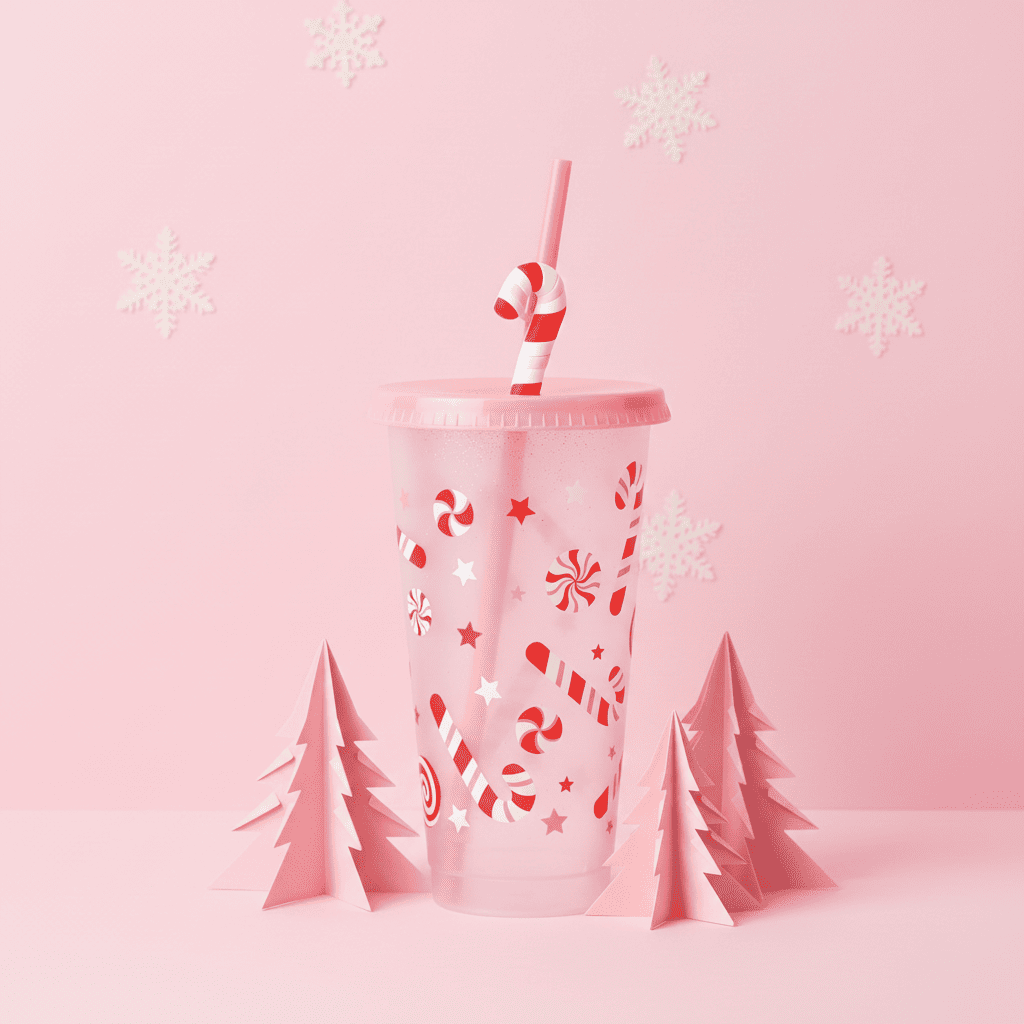 Vaso Navideño 700ml Transparente Bastones Dulces Popote