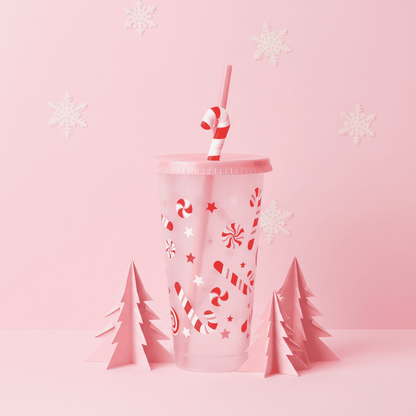 Vaso Navideño 700ml Transparente Bastones Dulces Popote