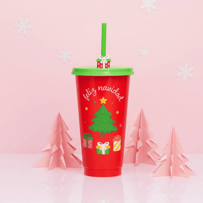 Vaso Navidad 700ml Árbol Regalos Festivo Popote