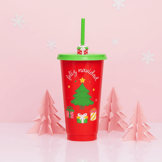 Vaso Navidad 700ml Árbol Regalos Festivo Popote