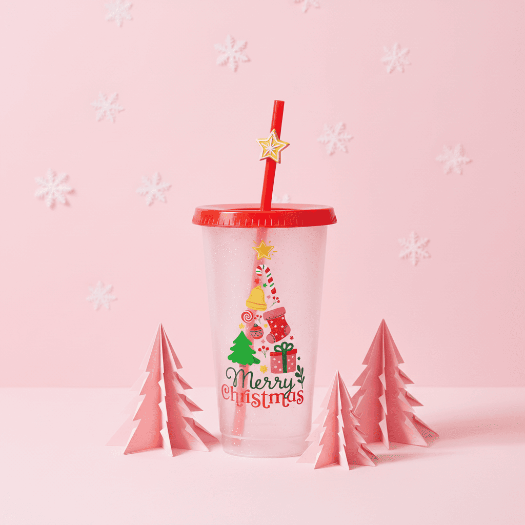 Vaso Navideño 700ml Transparente Brillos Popote Mágico
