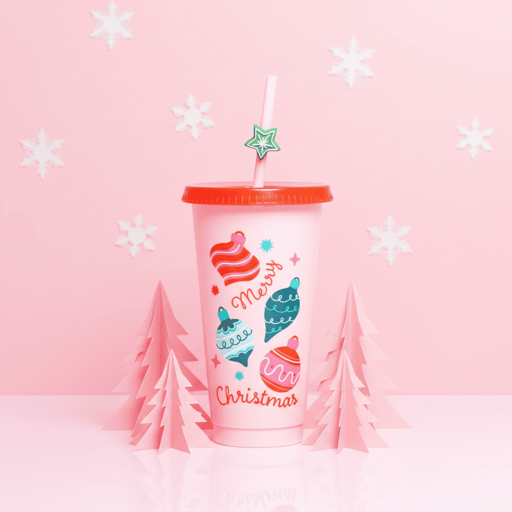 Vaso Navideño Rosa 700ml Merry Christmas Esferas
