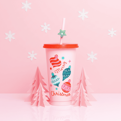 Vaso Navideño Rosa 700ml Merry Christmas Esferas