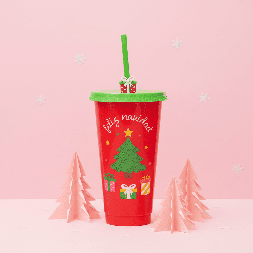 Vaso Navidad 700ml Árbol Regalos Festivo Popote