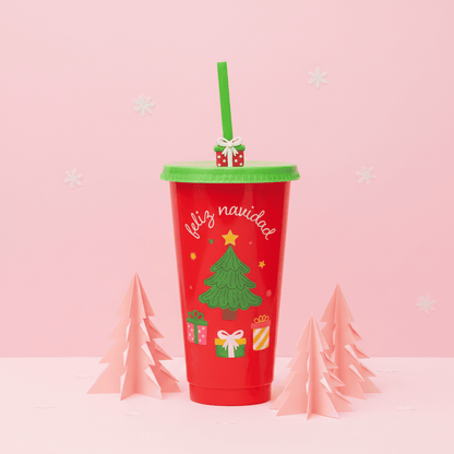 Vaso Navidad 700ml Árbol Regalos Festivo Popote